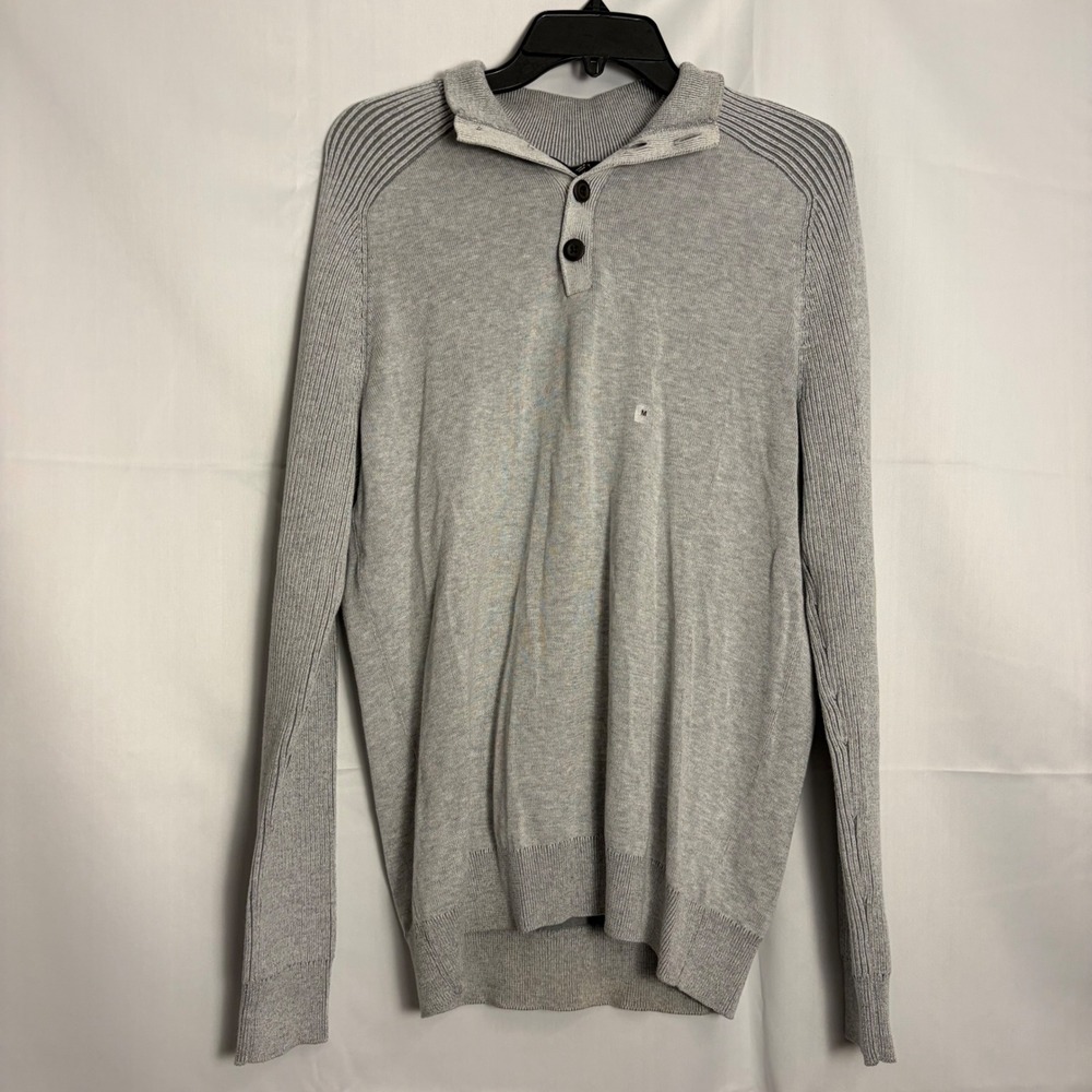 Express Mens Mock Neck Button Henley Sweater Light Gray Ribbed Sleeves 4520 M